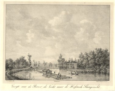 HUA-201934-Gezicht over de Vecht bij Breukelen met rechts op de achtergrond de zijgevel van het huis Slangevecht en op de voorgrond een houtvlot