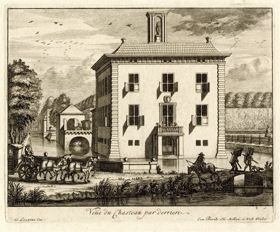HUA-202365-Gezicht vanaf de Vecht te Breukelen op de achtergevel van het kasteel Gunterstein met op de voorgrond het Zandpad en op de achtergrond een van de bijg
