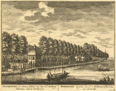 HUA-201580-Gezicht over de Vecht bij Loenen op de buitenplaats Middenhoek met op de voorgrond de theekoepel uit het zuiden