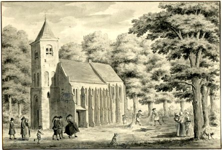 HUA-200970-Gezicht op de Nederlands Hervormde kerk te Zeist uit het zuidwesten tijdens de begrafenis van een kind