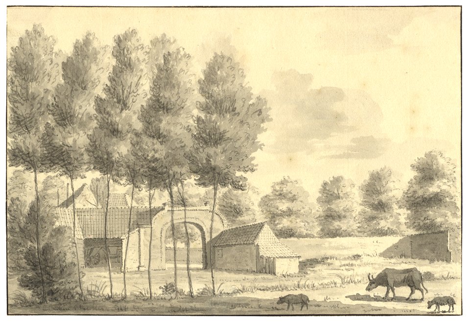 HUA-201567-Gezicht op enkele gebouwen en een toegangspoort restanten van het klooster Mariëndaal te UtrechtNB Het kloosterterrein bevond zich tussen het latere V