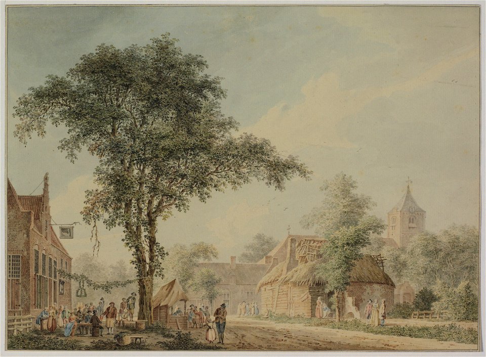 HUA-206231-Gezicht in het dorp Odijk met links de herberg met een aantal gasten en twee muzikanten een kraam en rechtsachter de Nederlands Hervormde kerk