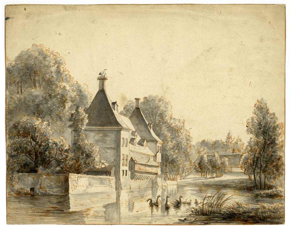 HUA-202280-Gezicht op de achterzijde van de voorburcht van het kasteel Amerongen te Amerongen met de duivenkast tegen de achtergevel van de bijgebouwen