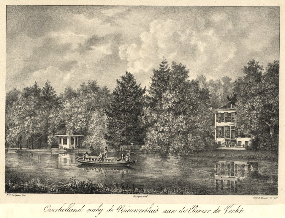 HUA-201767-Gezicht over de Vecht bij Nieuwersluis op de voorgevel en de theekoepel van het huis Over Holland en de omgingende landschapstuin uit het noordoostenH
