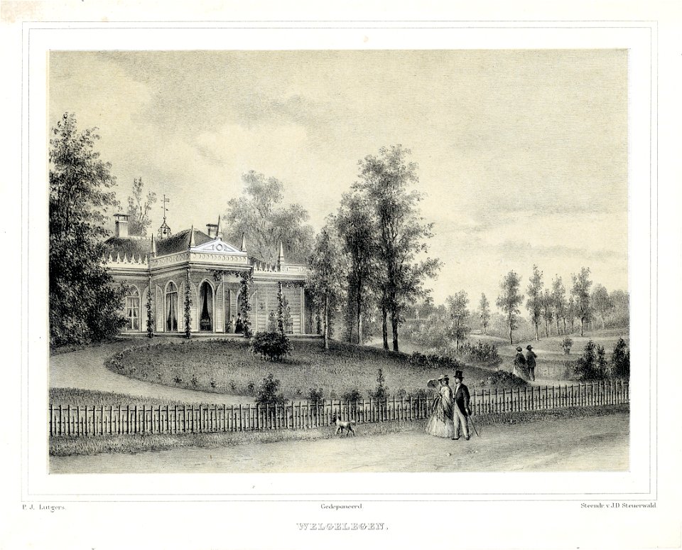 HUA-202109-Gezicht op de voorgevel van het huis Welgelegen bij Driebergen en de bijbehorende landschappelijk aangelegde tuin