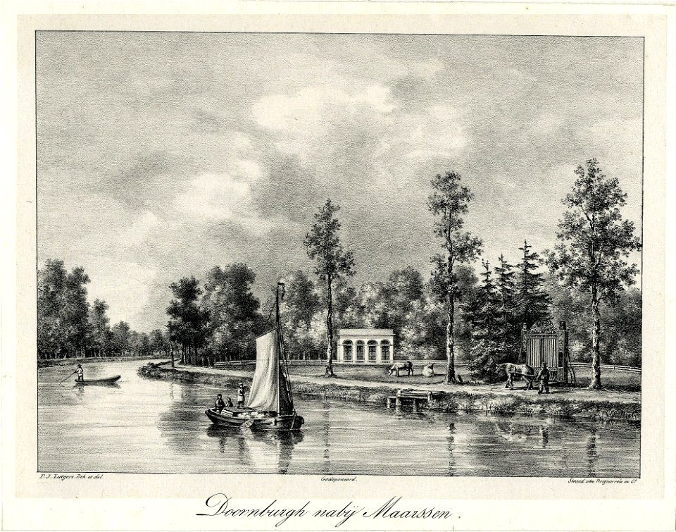 HUA-201193-Gezicht over de Vecht op het park van het huis Huis Doornburg te Maarssen met rechts het toegangshek en op de achtergrond de oranjerie