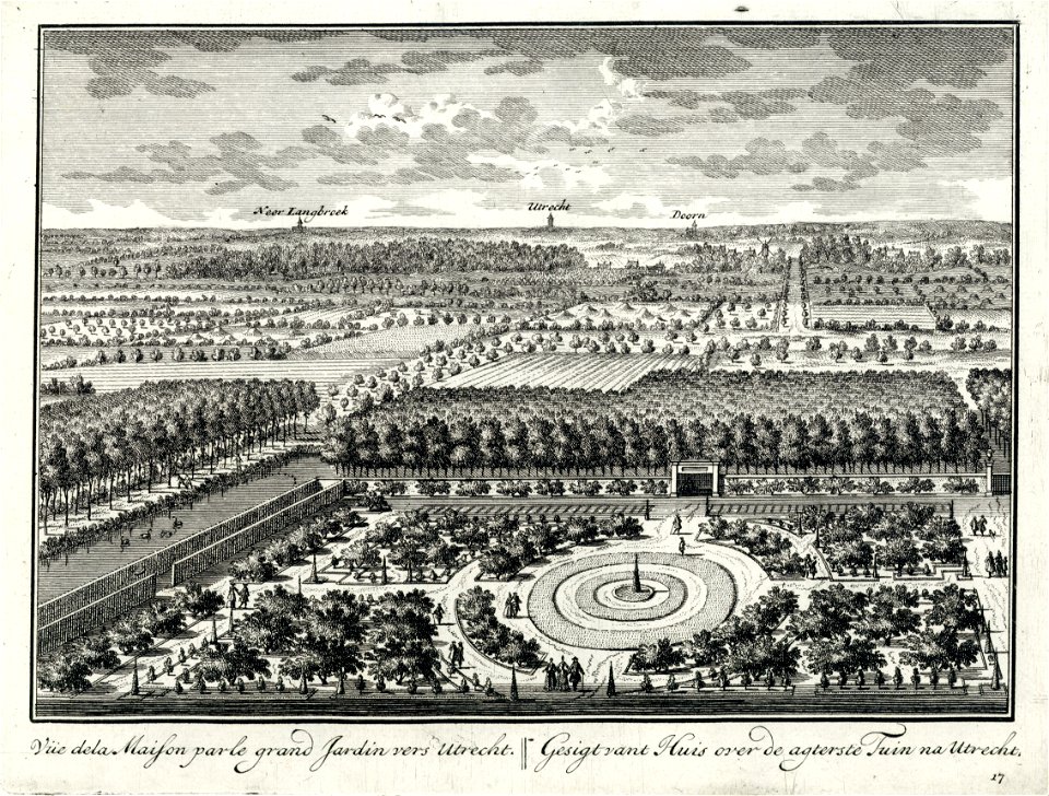 HUA-202186-Gezicht vanuit het kasteel Zuilenstein bij Amerongen over de tuin aan de westzijde van het huis in de richting van de stad Utrecht uit het zuidoosten