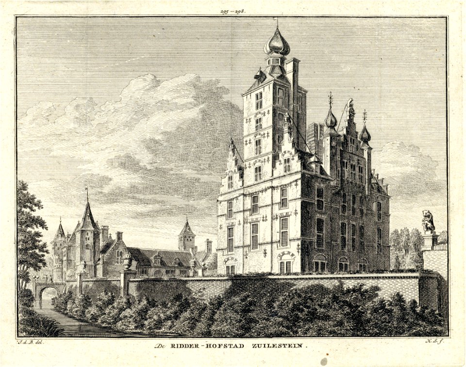 HUA-202161-Gezicht op de zij en de achtergevel van het kasteel Zuilenstein bij Amerongen met linksachter het poortgebouw uit het noordoosten