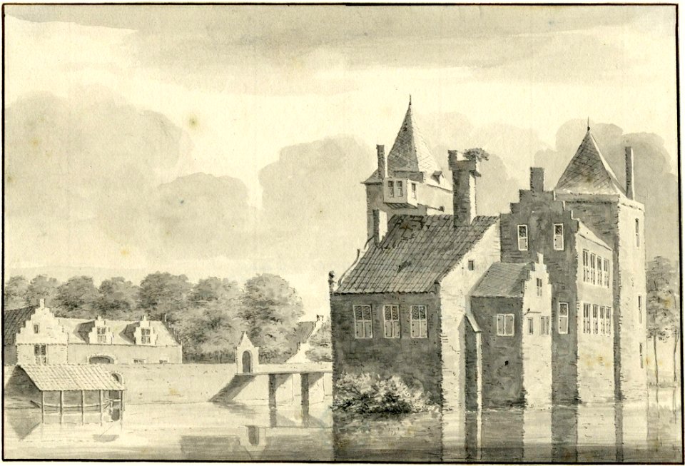 HUA-201067-Gezicht op het kasteel Amerongen te Amerongen met op de achtergrond de voorburcht met de dienstgebouwen uit het noordwesten