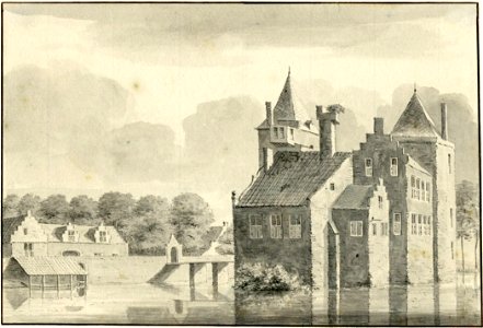 HUA-201067-Gezicht op het kasteel Amerongen te Amerongen met op de achtergrond de voorburcht met de dienstgebouwen uit het noordwesten