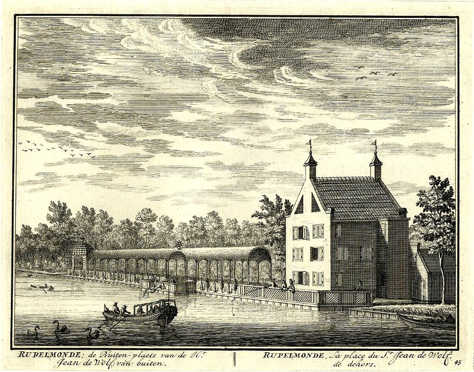 HUA-201866-Gezicht over de Vecht op de buitenplaats Rupelmonde bij Nieuwersluis met langs het water een loofgang eindigend in een prieel