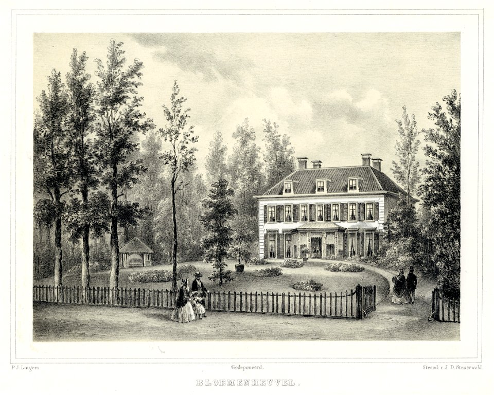 HUA-202418-Gezicht op de voorgevel van het huis Bloemenheuvel te Zeist met de bijbehorende tuin