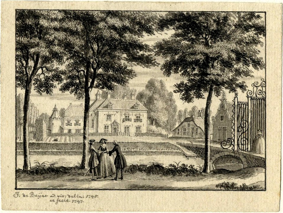 HUA-201493-Gezicht op het kasteel Kersbergen bij Zeist vanaf de singel langs het voorterrein met rechts het toegangshek en het koetshuis en daarachter de bijbeho