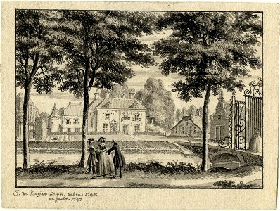 HUA-201493-Gezicht op het kasteel Kersbergen bij Zeist vanaf de singel langs het voorterrein met rechts het toegangshek en het koetshuis en daarachter de bijbeho