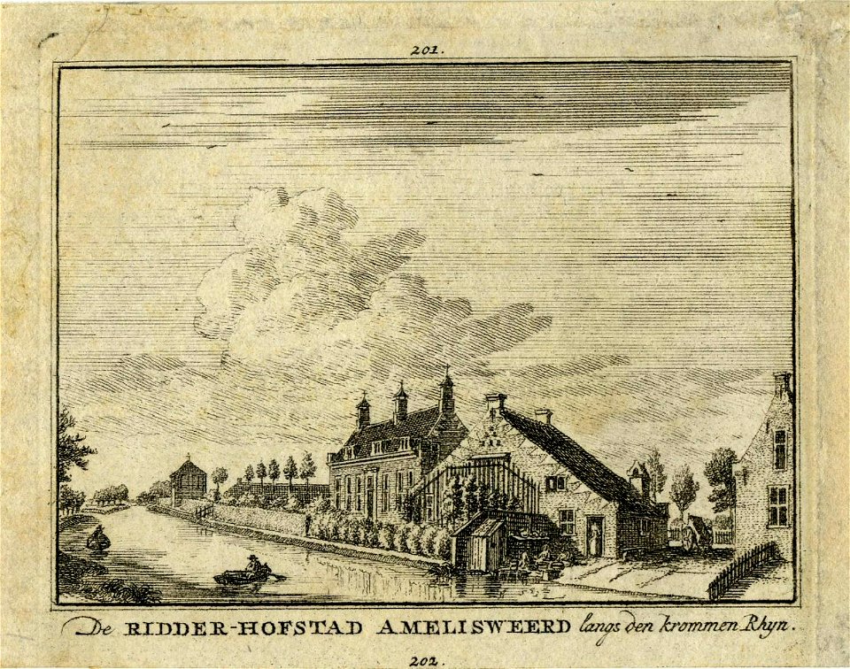 HUA-201058-Gezicht over de Kromme Rijn tussen Utrecht en Bunnik op het huis Oud Amelisweerd en de bijbehorende boerderij met links het speelhuis dat bij de verwo