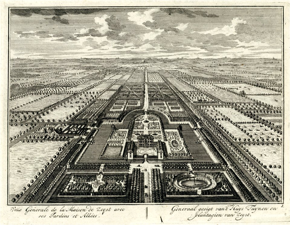 HUA-202196-Overzicht van het slot te Zeist vanuit een denkbeeldig hoog standpunt uit het noordoosten