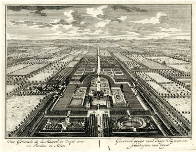 HUA-202196-Overzicht van het slot te Zeist vanuit een denkbeeldig hoog standpunt uit het noordoosten