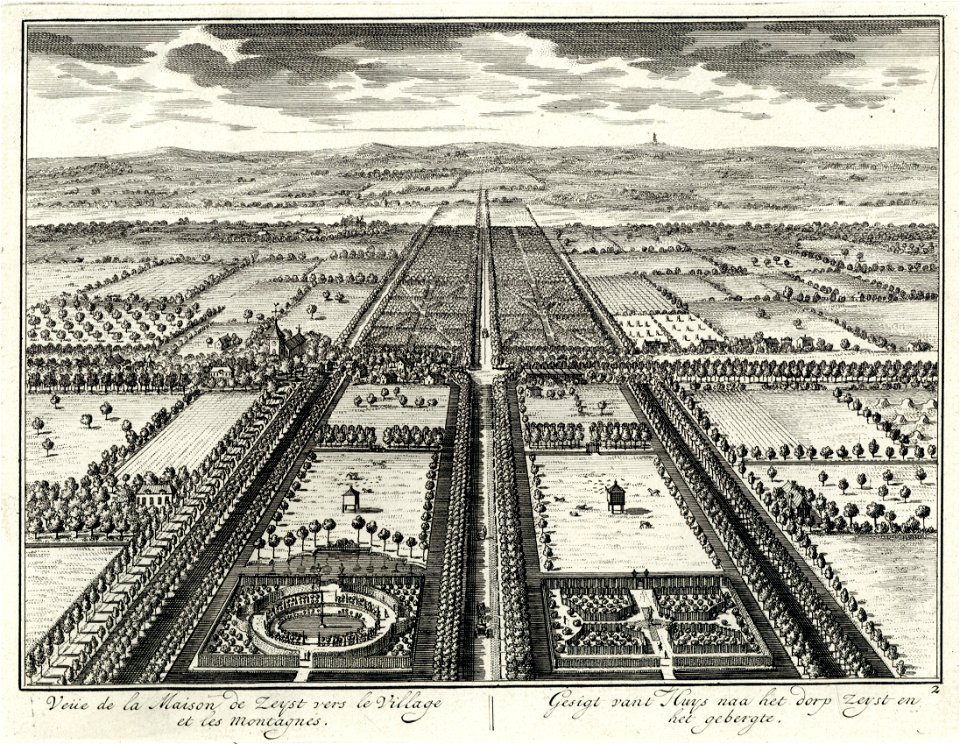 HUA-202197-Overzicht van de tuin en het park aan weerszijden van de Slotlaan te Zeist vanuit een denkbeeldig hoog standpunt ter hoogte van het slot te Zeist met 