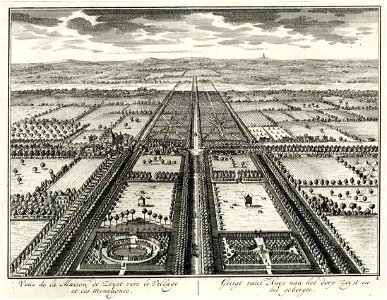 HUA-202197-Overzicht van de tuin en het park aan weerszijden van de Slotlaan te Zeist vanuit een denkbeeldig hoog standpunt ter hoogte van het slot te Zeist met 