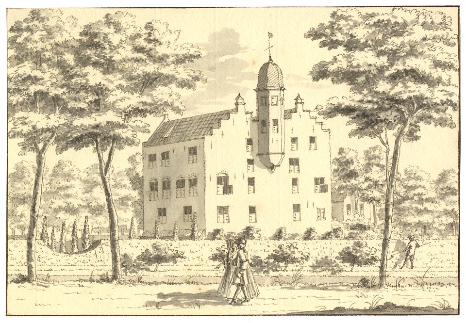 HUA-201730-Gezicht vanaf het Zandpad langs de Vecht op de zij en voorgevel van het kasteel Oudaen bij Breukelen