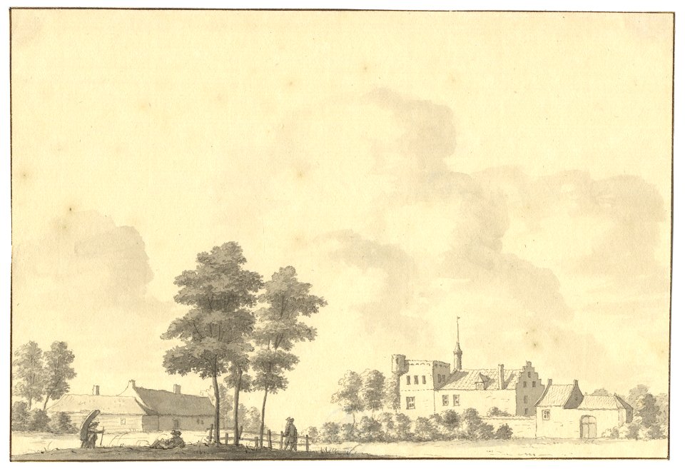 HUA-201742-Gezicht op een ommuurd kasteel met een vierkante toren met een arkeltorentje en enkele bijgebouwen