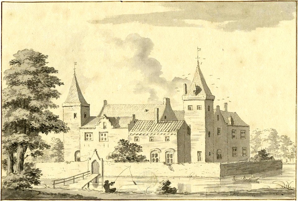 HUA-201098-Gezicht op een kasteel binnen een ommuring en een slotgracht