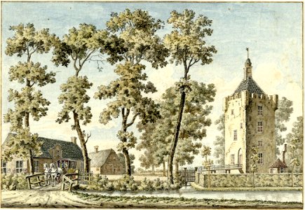 HUA-202048-Gezicht op het kasteel Te Vleuten te Vleuten gemeente Vleuten De Meern met de omringende slotgracht en links twee bijgebouwen op de voorburchtNB De ge