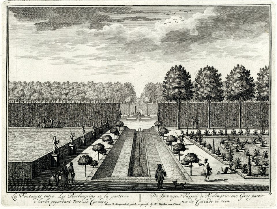 HUA-202205-Gezicht op de fonteintjes in de tuin aan de zuidoostzijde van het slot te Zeist tussen de grasparterre links en de Boelingrin rechts met op de achterg
