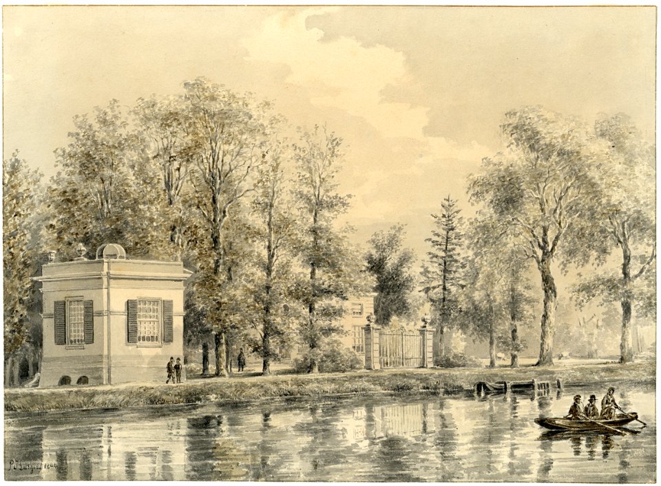 HUA-201436-Gezicht over de Vecht bij Nieuwersluis op de theekoepel en het inrijhek van het huis Hunthum