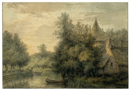 HUA-202234-Gezicht op de Kromme Rijn bij Bunnik met rechts een gedeeltelijk zichtbare boerderij met een hooiberg