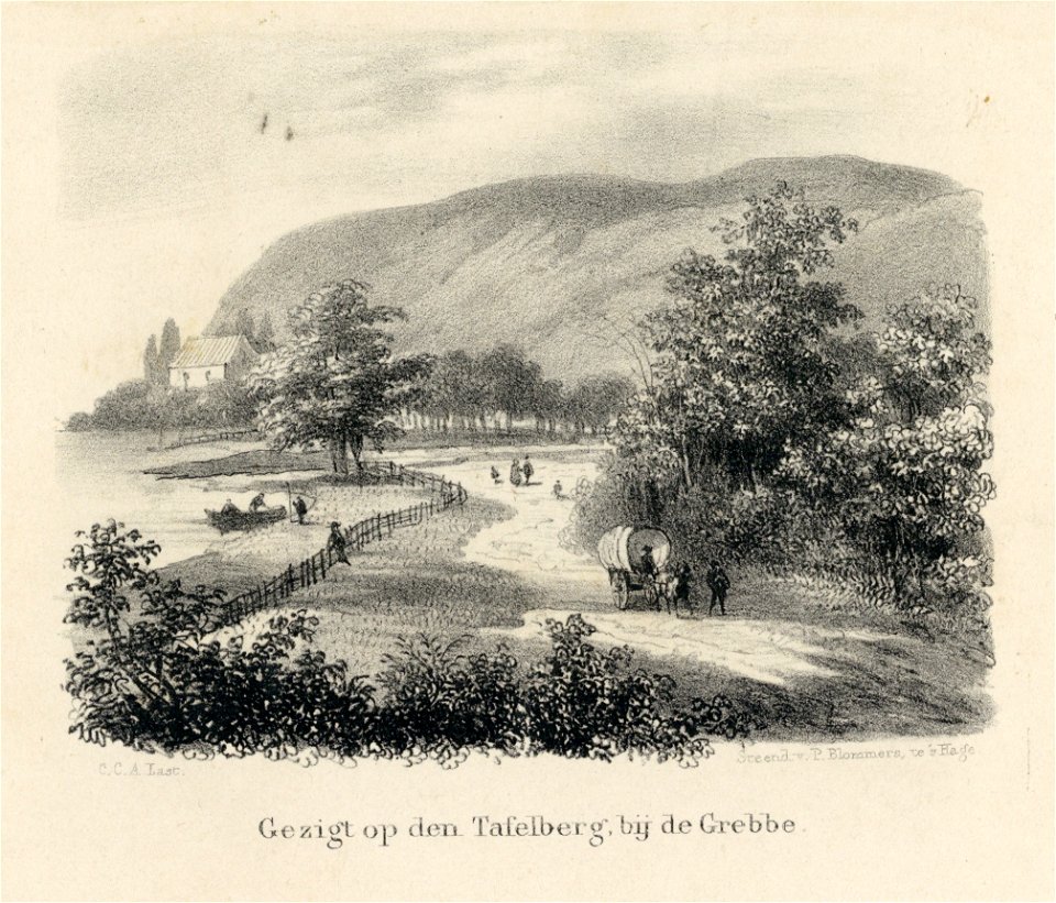 HUA-202253-Gezicht vanaf de westelijke oever van de Grebbe op de Grebbeberg ten oosten van Rhenen met rechts de Cuneralaan uit het noorden