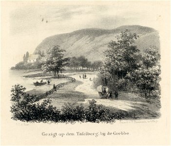 HUA-202253-Gezicht vanaf de westelijke oever van de Grebbe op de Grebbeberg ten oosten van Rhenen met rechts de Cuneralaan uit het noorden