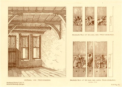 HUA-202665-Interieur van het huis Proeysenburg Oudegracht 127 te Utrecht de voorzaal Met afbeeldingen van zes balksleutels uit de zaal van Groot en Klein Proeyse