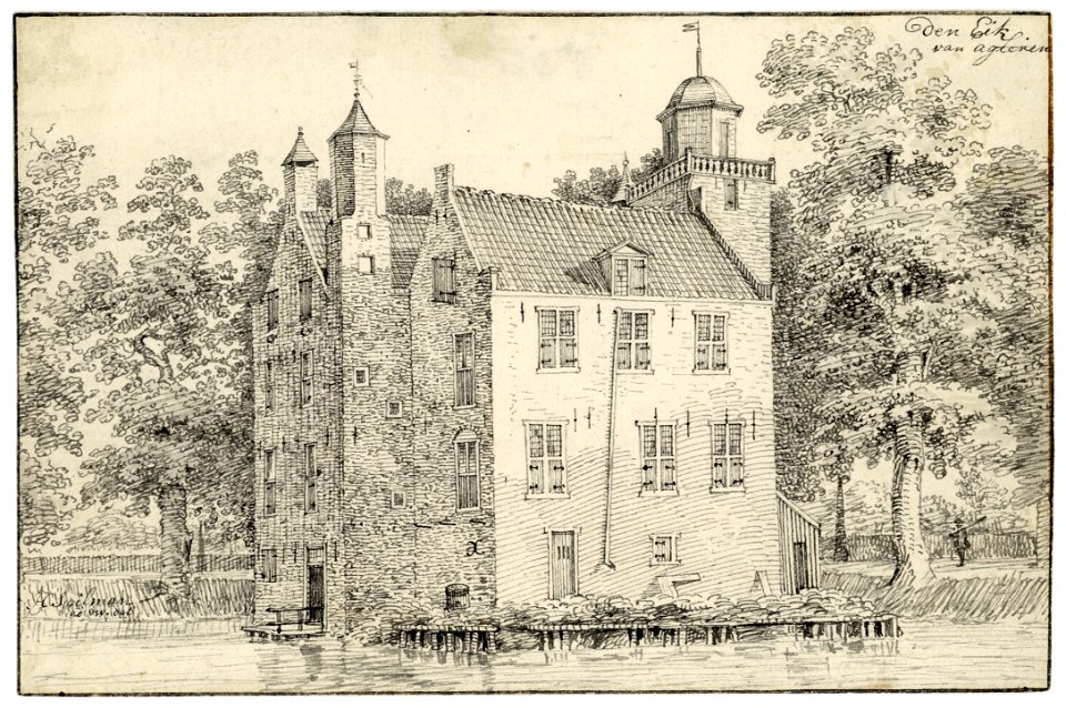 HUA-202309-Gezicht op de achter en de zijgevel van het huis Den Eyk bij Haarzuilens omgeven door een slotgrachtNB De gemeente Haarzuilens is per 1 januari 1954 o
