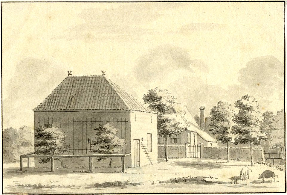 HUA-201135-Gezicht op het restant van kasteel Bottestein bij Vleuten met daarachter de vermoedelijk op de voorburcht gelegen boerderij