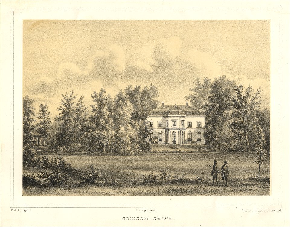 HUA-201935-Gezicht op de voorgevel van het huis Schoonoord te Zeist in het omringende landschapsparkNB Het landhuis is ca 1965 afgebroken