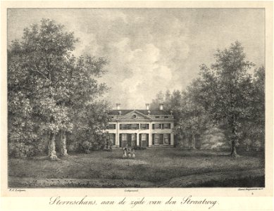 HUA-201953-Gezicht op de voorgevel van het huis Sterreschans aan de Vecht bij Nieuwersluis met een gedeelte van het omringende park
