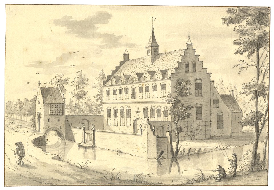 HUA-201800-Gezicht op de voor en de zijgevel van het omgrachte huis Rhodestein bij Nederlangbroek gemeente Langbroek met links het poortgebouw over de Langbroeke
