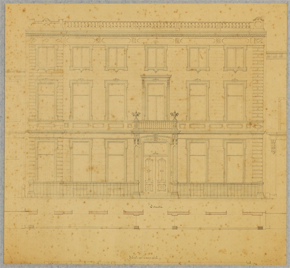 HUA-214276-Opstand van de voorgevel van het huis Nieuwegracht 36 te Utrecht NB Het huis is omstreeks 1860 gebouwd uit de samenvoeging van het oude huis Montfoort