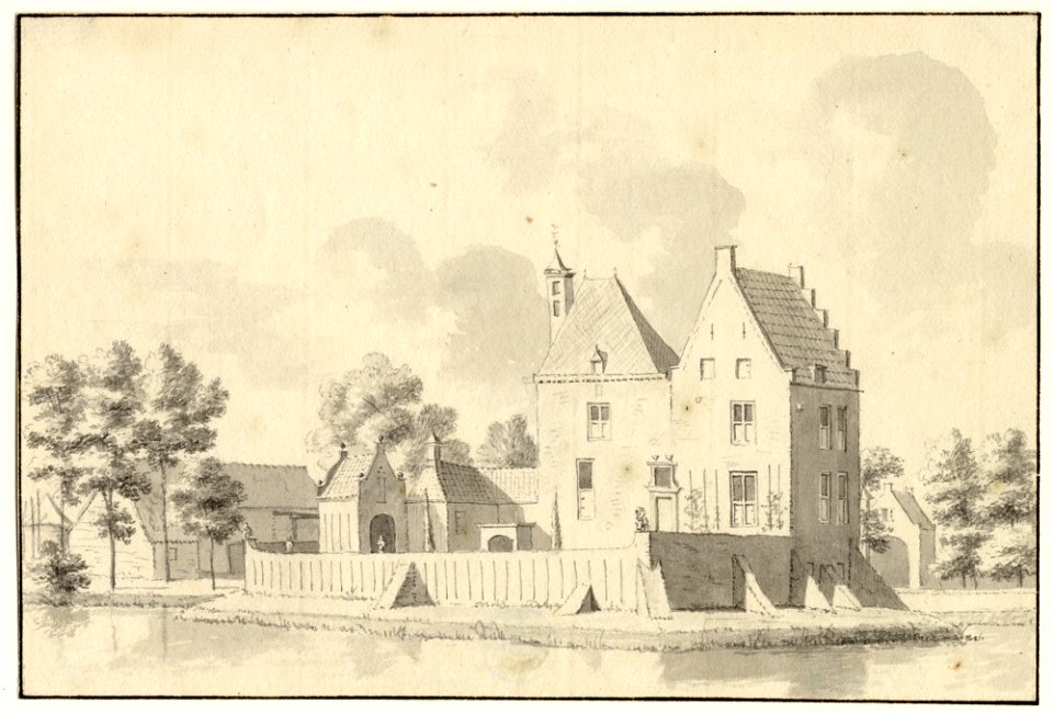 HUA-201239-Gezicht op het kasteel Den Engh bij Vleuten uit het oosten met links de binnenpoort die toegang gaf tot de voorburcht en rechts op de achtergrond de b