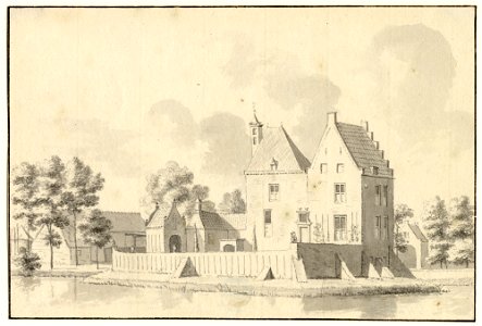 HUA-201239-Gezicht op het kasteel Den Engh bij Vleuten uit het oosten met links de binnenpoort die toegang gaf tot de voorburcht en rechts op de achtergrond de b