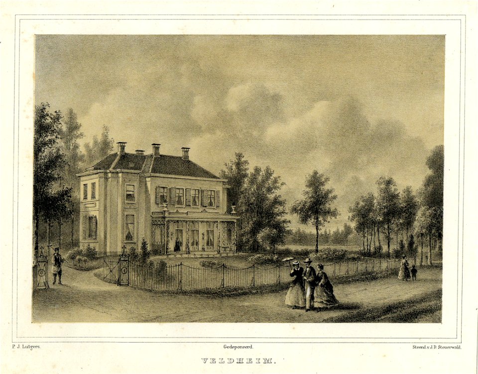 HUA-202055-Gezicht op de zij en de voorgevel van het huis Veldheim bij Zeist in de omringende tuin