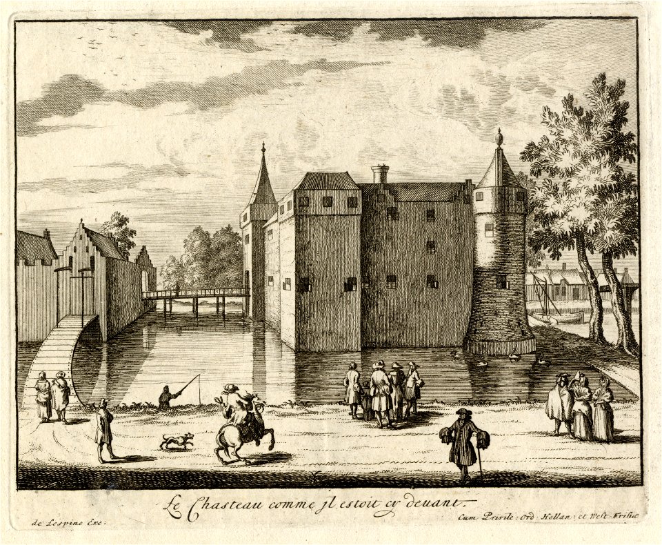 HUA-202362-Gezicht op het omgrachte kasteel Gunterstein te Breukelen uit het noorden met links een gedeelte van de voorburcht en rechts op de achtergrond de Vech