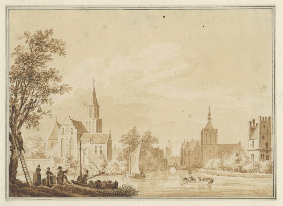 HUA-202378-Gezicht op Culemborg met links het koor en de toren van de St Janskerk met daarvoor de Commanderij rechts de Binnenpoort en rechts vooraan een oude wa