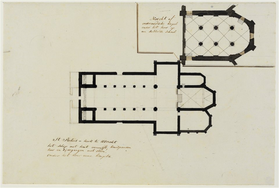 HUA-214518-Plattegrond van de St Pieterskerk te UtrechtInzet plattegrond van de crypte van de kerk