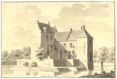 HUA-201816-Gezicht op het omgrachte kasteel Rhijnauwen bij Bunnik uit het westen met rechts de toegangsbrug en op de achtergrond de bomen langs de Kromme Rijn