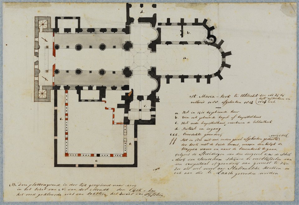 HUA-214557-Plattegrond van de St Mariakerk met kloostergang te Utrecht in de toestand bij de afbraak in 1813 met gedeeltelijke weergave van de indeling en vermel