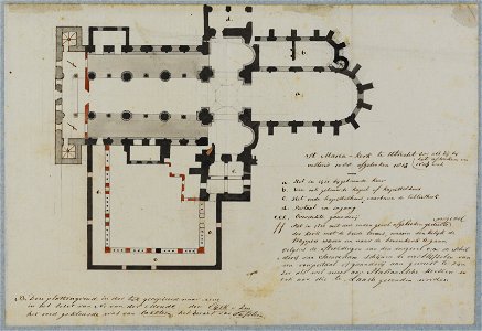 HUA-214557-Plattegrond van de St Mariakerk met kloostergang te Utrecht in de toestand bij de afbraak in 1813 met gedeeltelijke weergave van de indeling en vermel