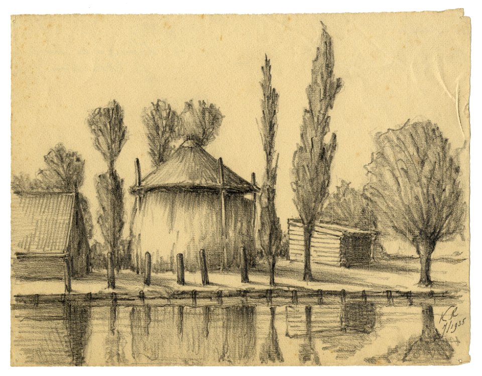 HUA-202440-Gezicht op een gedeelte van een boerderij en een hooiberg aan de Vecht bij Utrecht