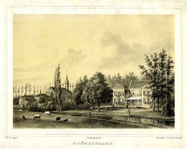 HUA-201147-Gezicht op de voorgevel van het huis Bloemerwaard te Bunnik met zijn tuin aan de Kromme Rijn met op de achtergrond de rooms katholieke kerk